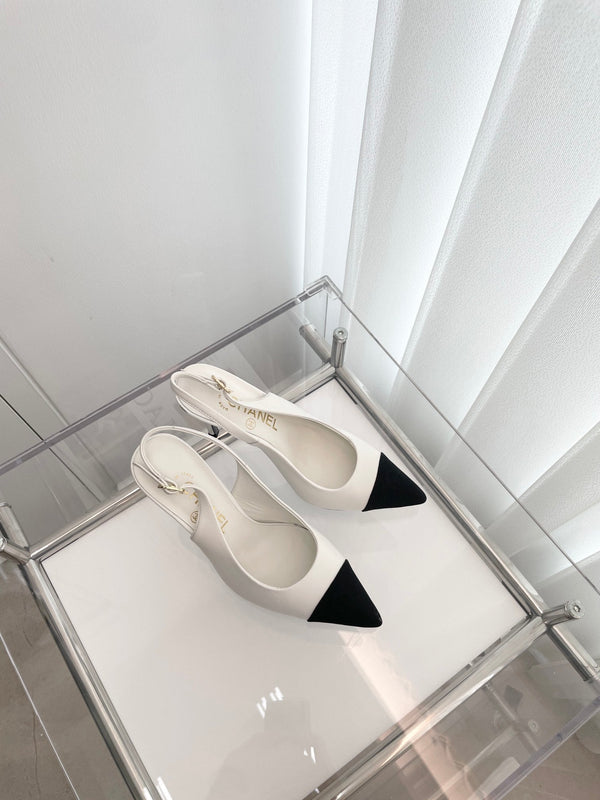 CC Slingback 95mm in pelle di agnello bianca e tessuto denim