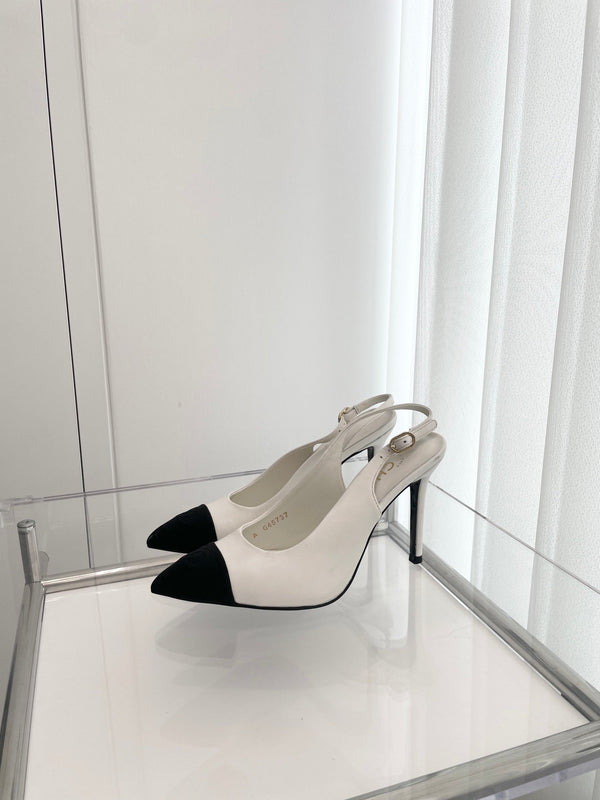 CC Slingback 95mm in pelle di agnello bianca e tessuto denim