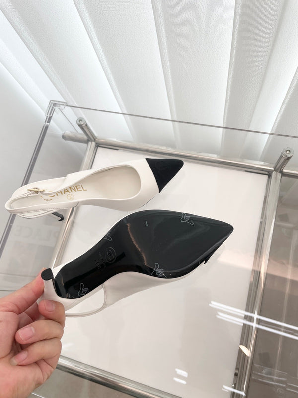 CC Slingback 95mm in pelle di agnello bianca e tessuto denim