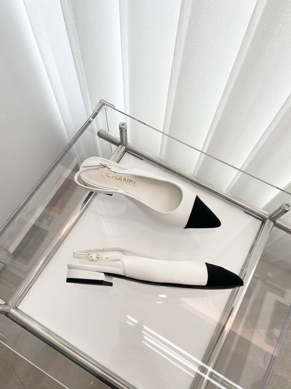 CC Slingback 15mm White Lambskin And Denim Fabric