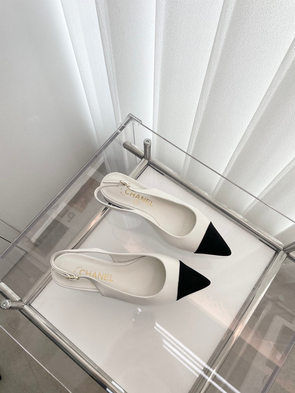 CC Slingback 15mm White Lambskin And Denim Fabric