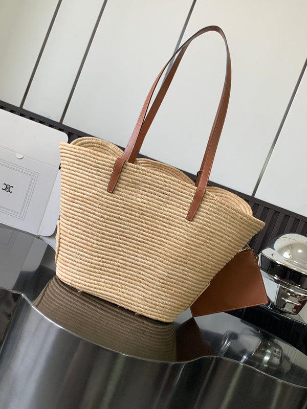 Celine Classic Panier 47cm Braieded Triomphe Beige Raffia Brown Calfskin
