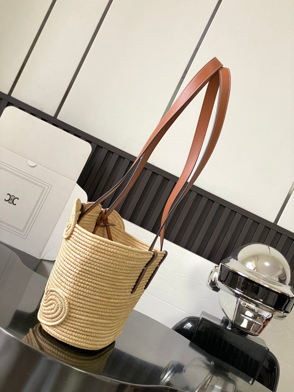 Celine Classic Panier 36cm Braieded Triomphe Beige Raffia Brown Calfskin