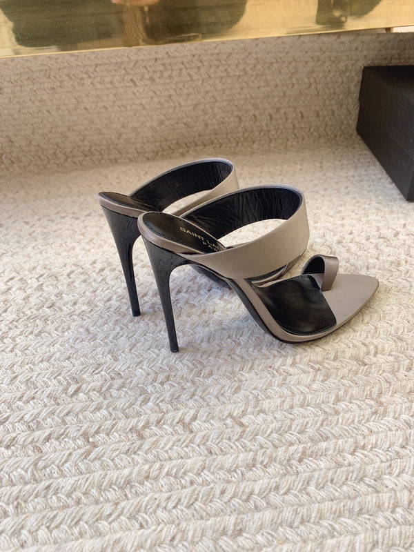 MARTHA POINTED OPEN-TOE HIGH MULES IN GRAY SILK