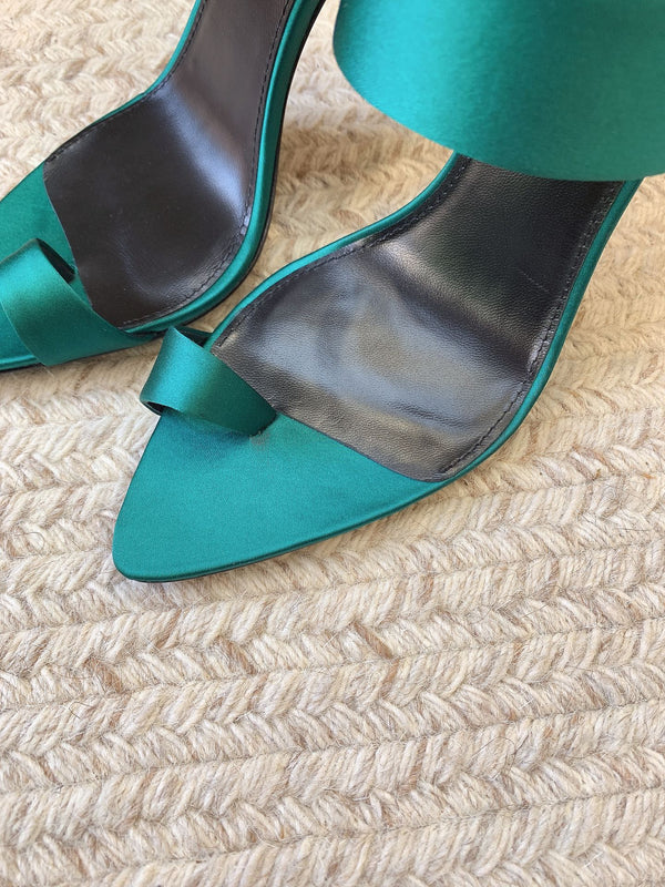 MARTHA POINTED OPEN-TOE HIGH MULES IN TEAL GREEN SILK