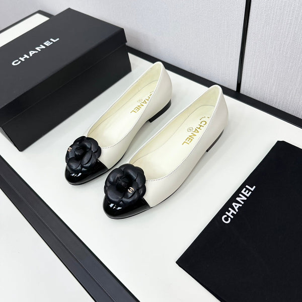 ballet flat flower cream calfskin black patent calfskin