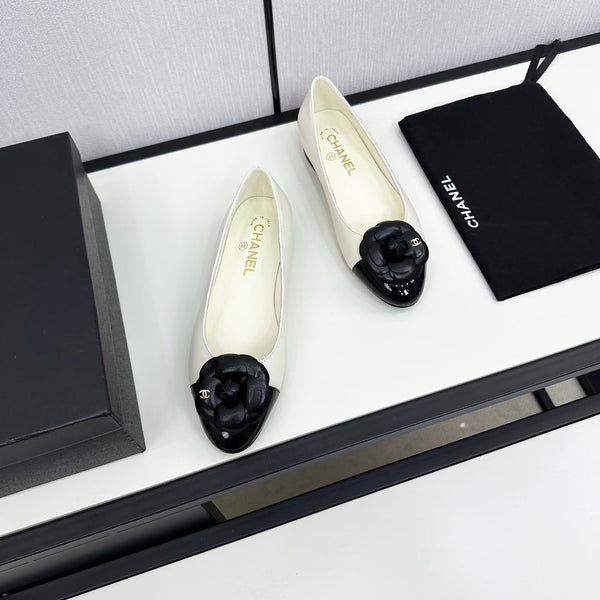 ballet flat flower cream calfskin black patent calfskin