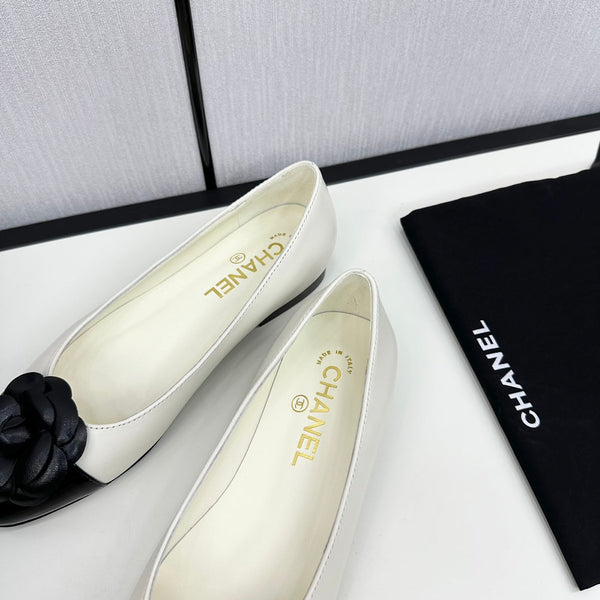 ballet flat flower cream calfskin black patent calfskin