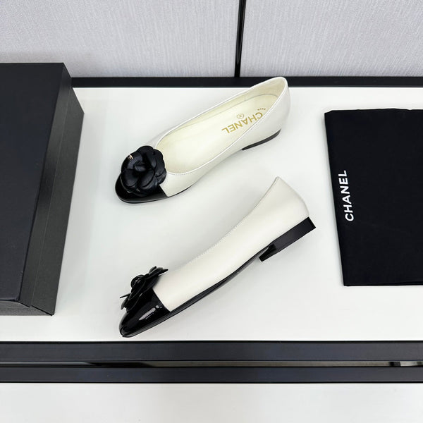 ballet flat flower cream calfskin black patent calfskin