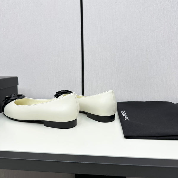 ballet flat flower cream calfskin black patent calfskin