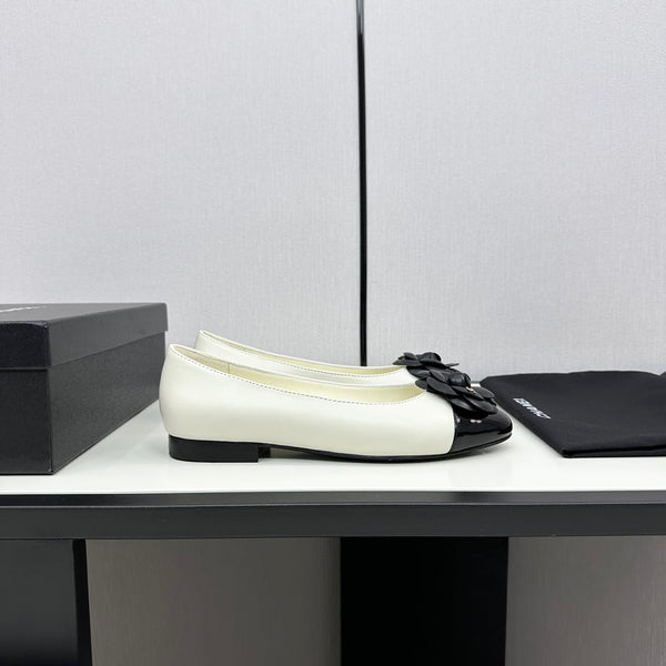 ballet flat flower cream calfskin black patent calfskin
