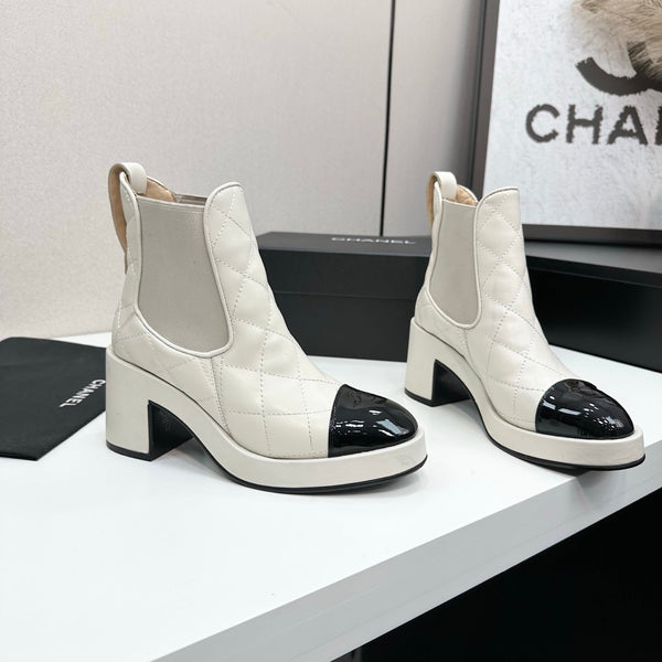CC FW 25 Platform Ankle Boots Cream Black Patent and Quilted Leather 532620