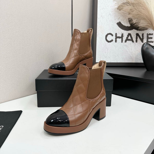 CC FW 25 Platform Ankle Boots  Brown Black Patent and Quilted Leather 532622