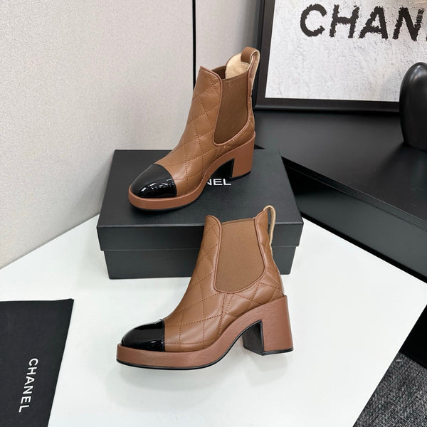 CC FW 25 Platform Ankle Boots  Brown Black Patent and Quilted Leather 532622