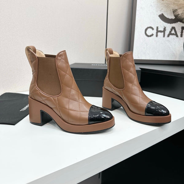 CC FW 25 Platform Ankle Boots  Brown Black Patent and Quilted Leather 532622