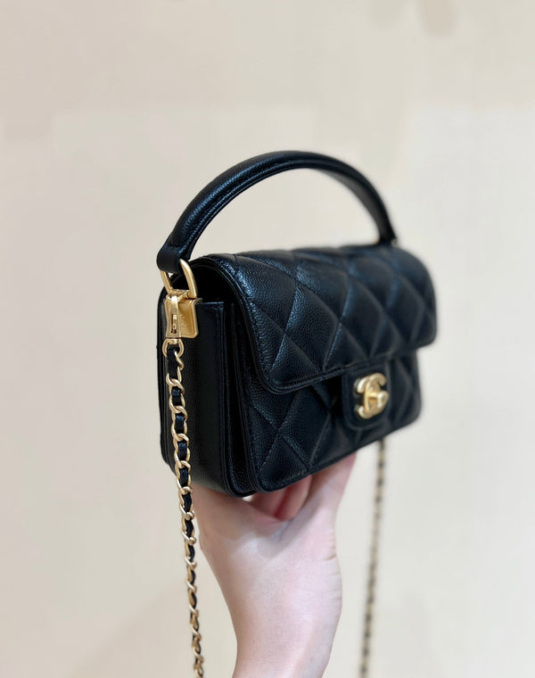 CC24K Mini Handle Flap Bag 16cm Black Caviar Light GHW