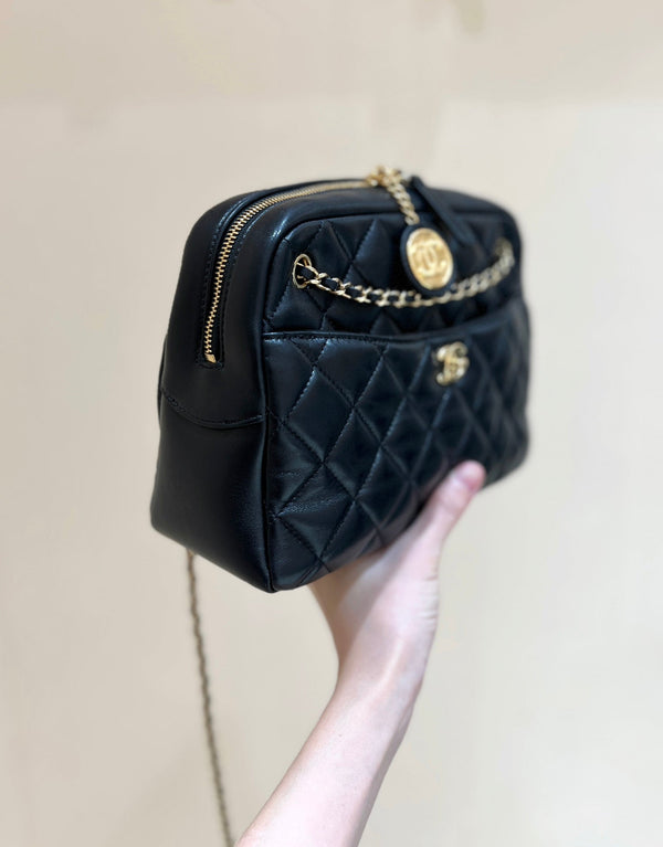 CC 24K Gold Coin Camera Bag 24cm Black Lambskin Light GHW