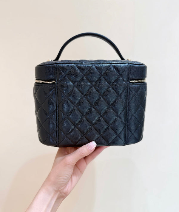 CC 25C Vanity Top Handle 21cm Black Grained Calfskin Light Gold Hardware