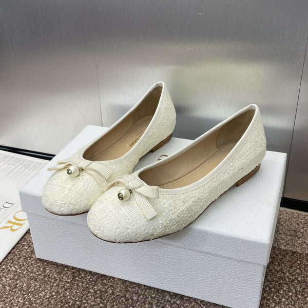 CD Ballet Flat White Woven Sedge And Lambskin