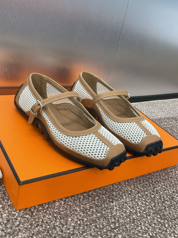 HM 25C Kichu Ballet Flat Brown mix White Fabric with Calfskin 208280