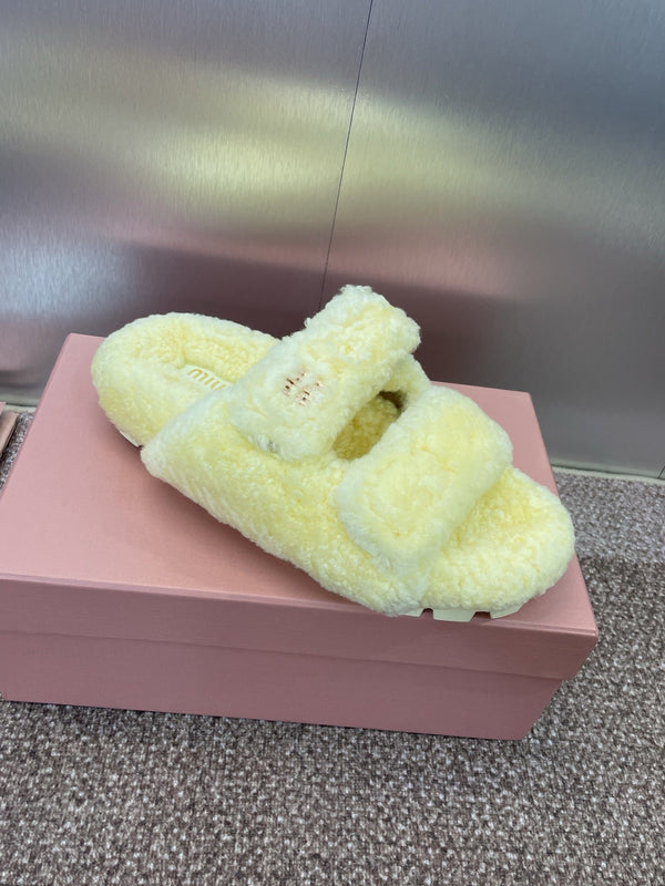 Miu Velcro Slippers Lemon Yellow Lambswool 508824