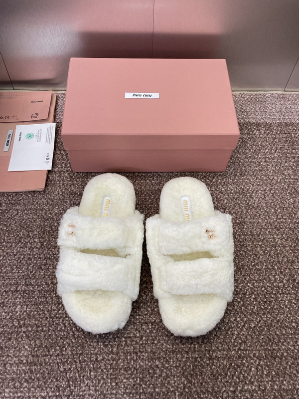 Miu Velcro Slippers White Lambswool 508825