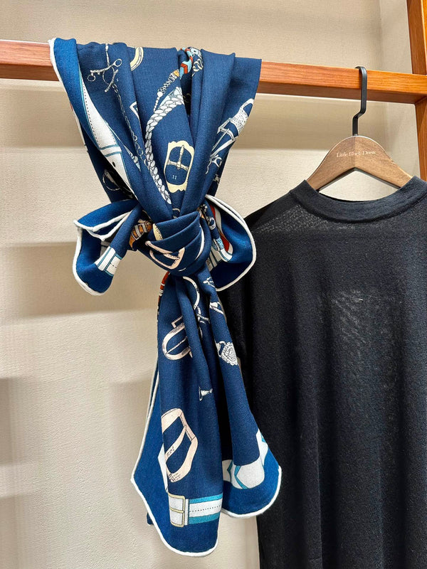 Chevaux Dechaines Shawl 135 CM IN Dark Blue Colorful Cashmere Silk 373682