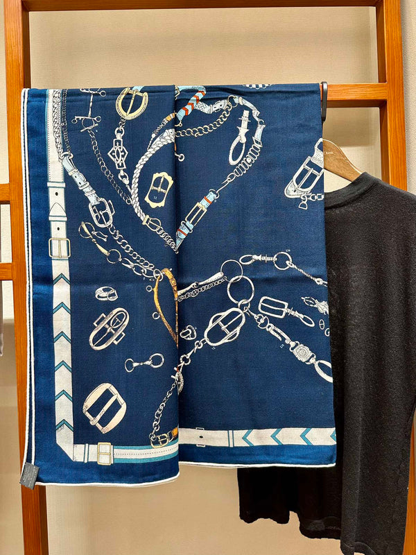 Chevaux Dechaines Shawl 135 CM IN Dark Blue Colorful Cashmere Silk 373682