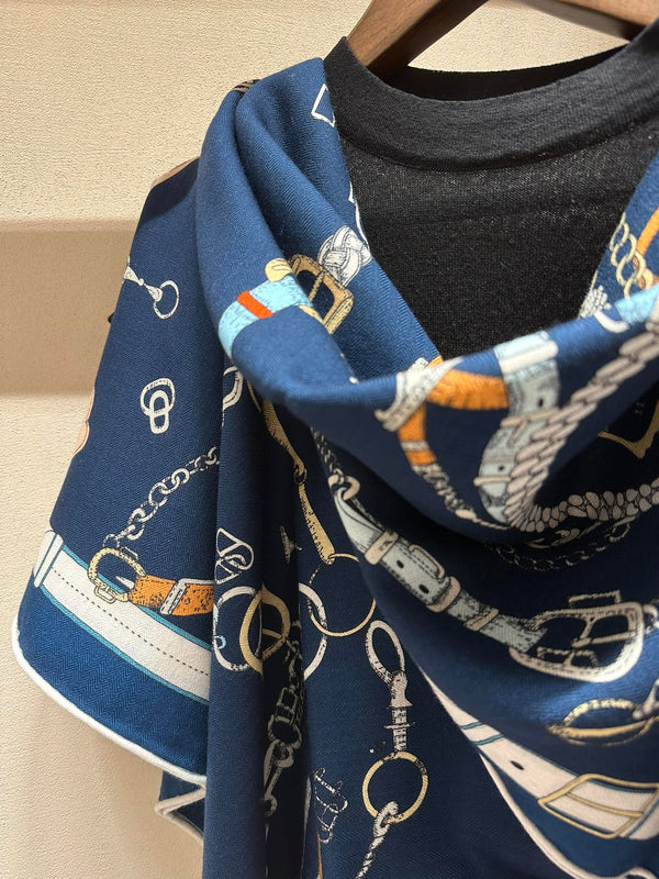 Chevaux Dechaines Shawl 135 CM IN Dark Blue Colorful Cashmere Silk 373682