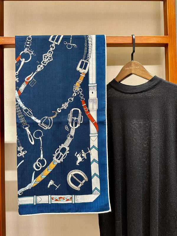 Chevaux Dechaines Shawl 135 CM IN Dark Blue Colorful Cashmere Silk 373682