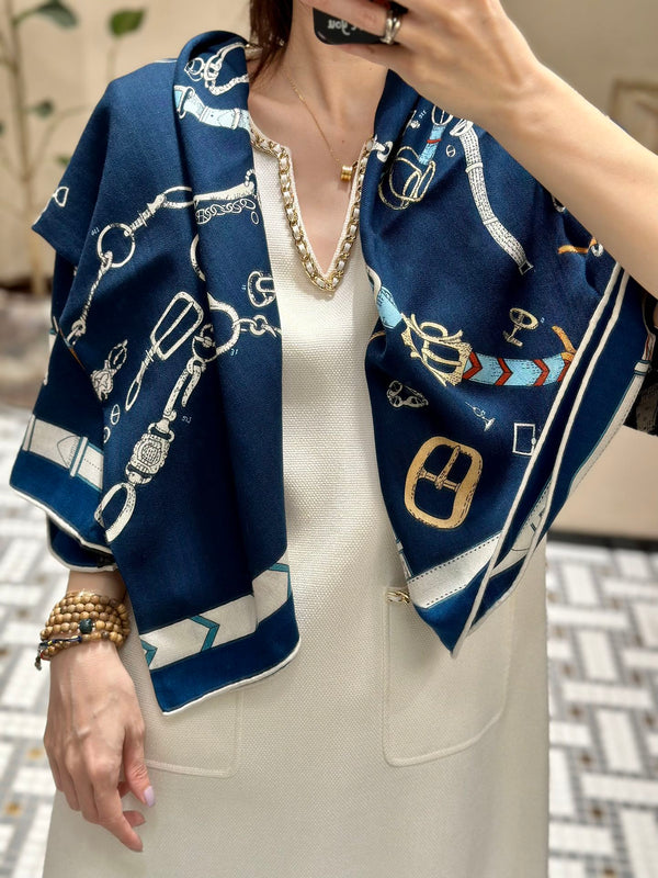 Chevaux Dechaines Shawl 135 CM IN Dark Blue Colorful Cashmere Silk 373682