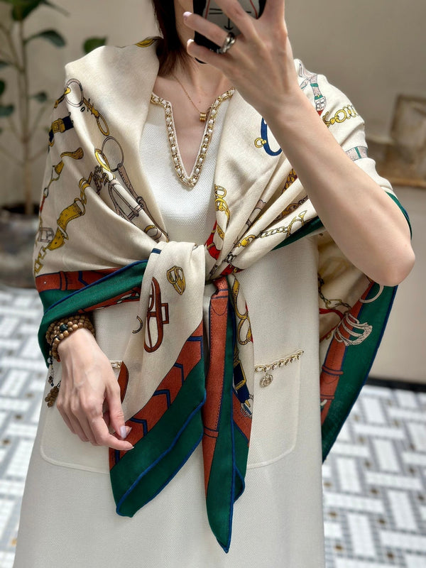 Chevaux Dechaines Shawl 135 CM IN Green Colorful Cashmere Silk 373684