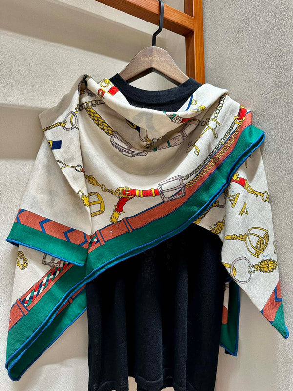 Chevaux Dechaines Shawl 135 CM IN Green Colorful Cashmere Silk 373684