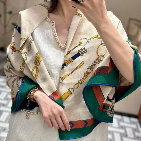 Chevaux Dechaines Shawl 135 CM IN Green Colorful Cashmere Silk 373684