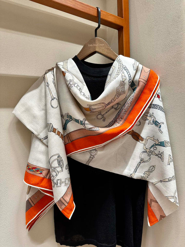 Chevaux Dechaines Shawl 135 CM IN Orange Colorful Cashmere Silk 373685