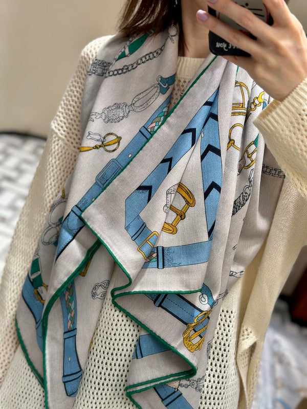 Chevaux Dechaines Shawl 135 CM IN Light Blue Colorful Cashmere Silk 373686