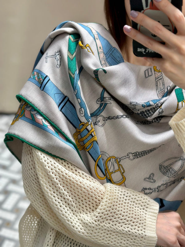 Chevaux Dechaines Shawl 135 CM IN Light Blue Colorful Cashmere Silk 373686