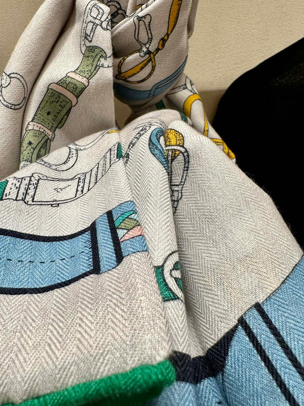 Chevaux Dechaines Shawl 135 CM IN Light Blue Colorful Cashmere Silk 373686