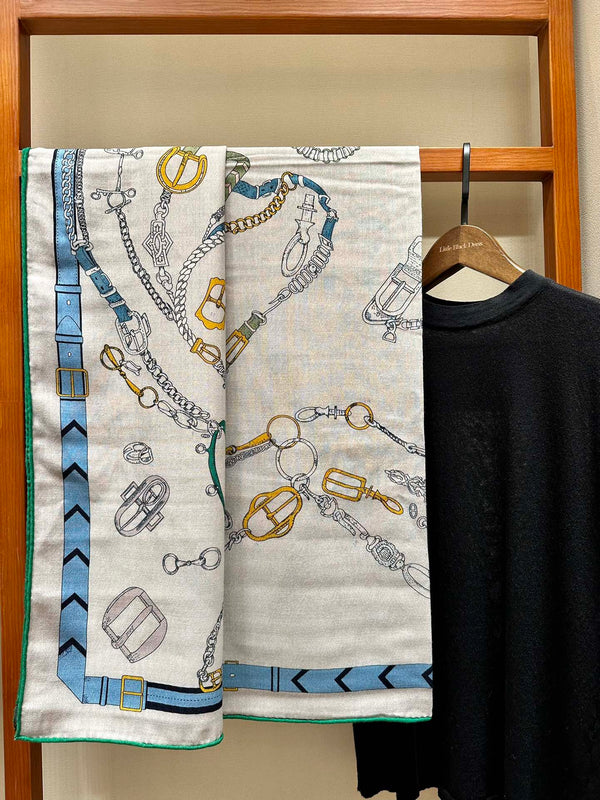 Chevaux Dechaines Shawl 135 CM IN Light Blue Colorful Cashmere Silk 373686