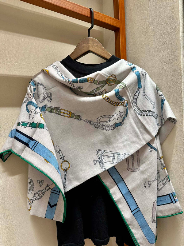 Chevaux Dechaines Shawl 135 CM IN Light Blue Colorful Cashmere Silk 373686