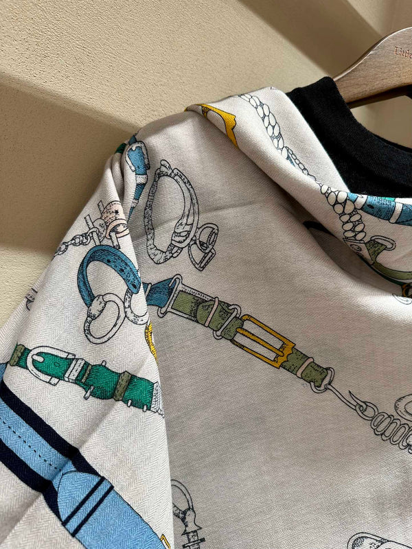 Chevaux Dechaines Shawl 135 CM IN Light Blue Colorful Cashmere Silk 373686