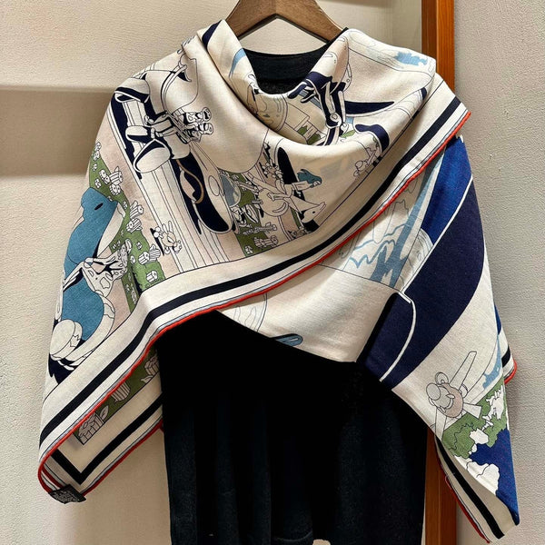 Locomotion Shawl 140 CM In Dark Blue Colorful Cashmere And Silk 384146