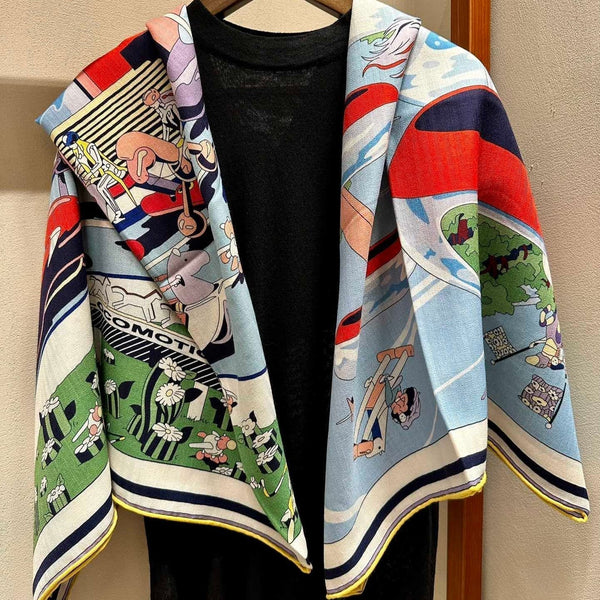 Locomotion Shawl 140 CM In Light Blue Colorful Cashmere And Silk 384147