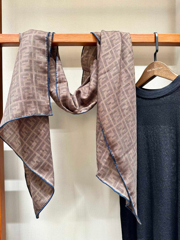 FF SHAWL 185 CM IN COFFEE BROWN SILK AND WOOL WITH BLUE BORDER 413672