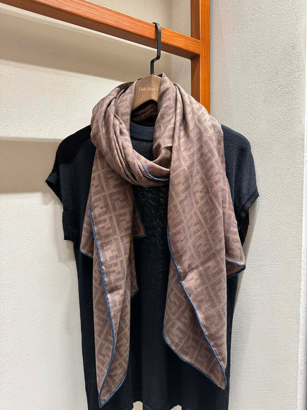 FF SHAWL 185 CM IN COFFEE BROWN SILK AND WOOL WITH BLUE BORDER 413672