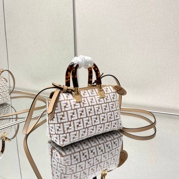 BY THE WAY MINI 21 IN WHITE WOOL AND CAMEL BROWN RAFFIA CALFSKIN TRIM