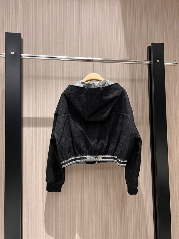 CD Hooded Waistband Denim Jacket Black mix Gray Cotton