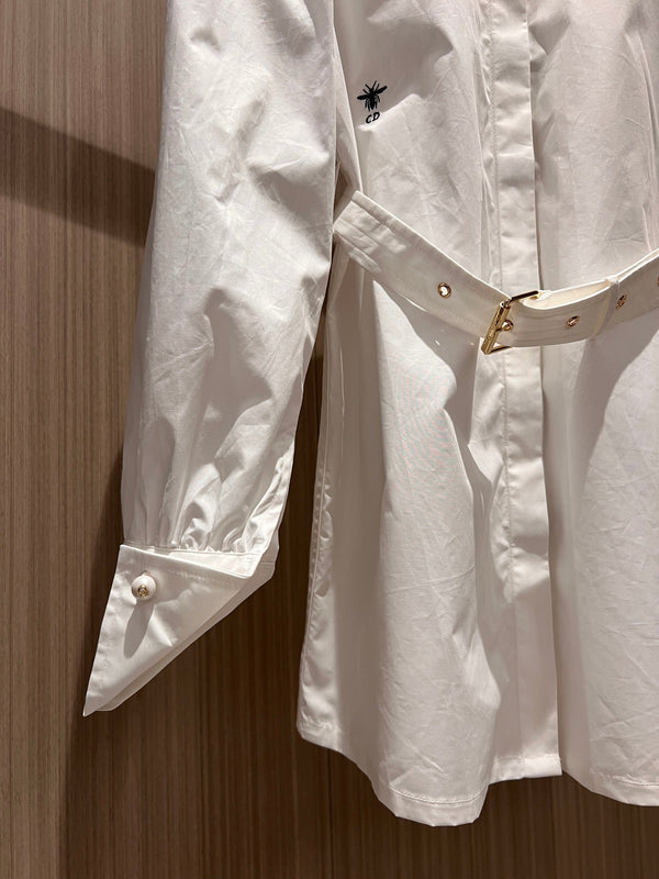 CD Stand-up Collar Long-sleeved Shirt Dress White Cotton