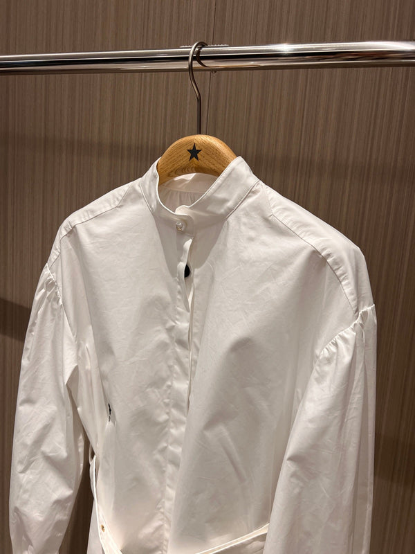 CD Stand-up Collar Long-sleeved Shirt Dress White Cotton