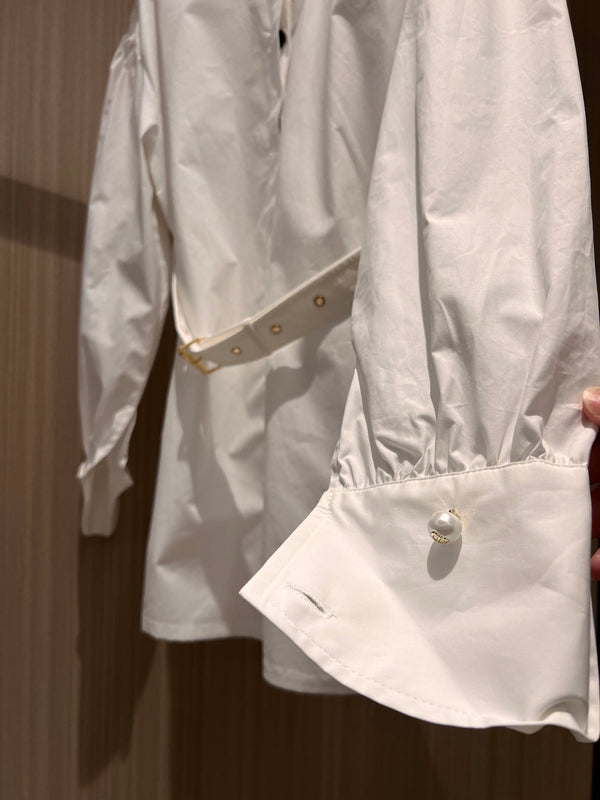 CD Stand-up Collar Long-sleeved Shirt Dress White Cotton